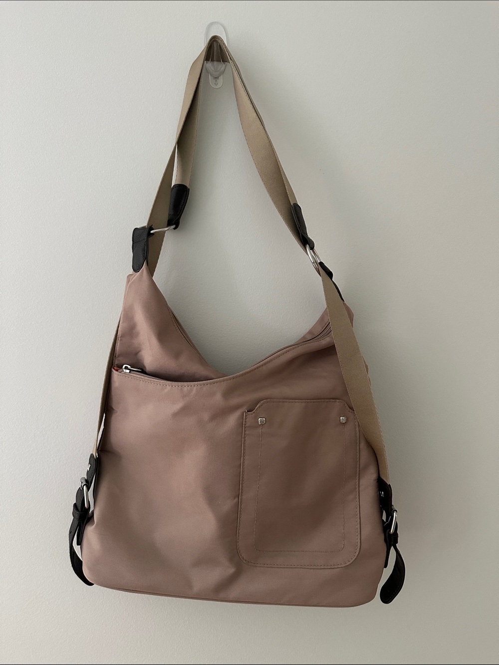 Baggallini taupe shoulder bag with tan strap - converts to backpack